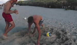Hot guys play Football on beach (no sex)