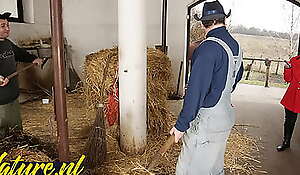 Hairy horse tamer double penetrated in horse stable for her first time